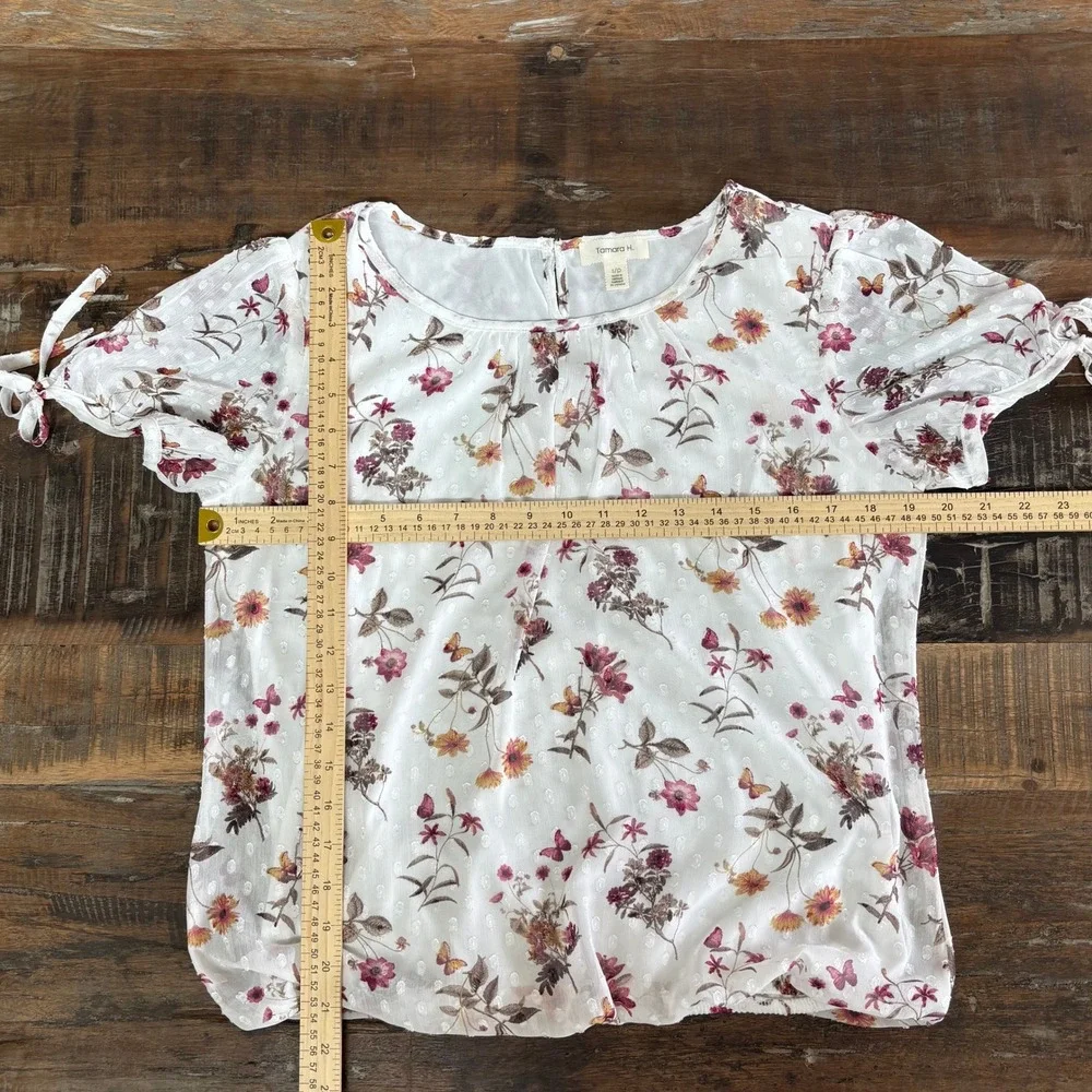 Tamara‎ H Floral Butterfly Boho Fairy Swiss Dot Blouson Top White S Tie Sleeve - Picture 6 of 12